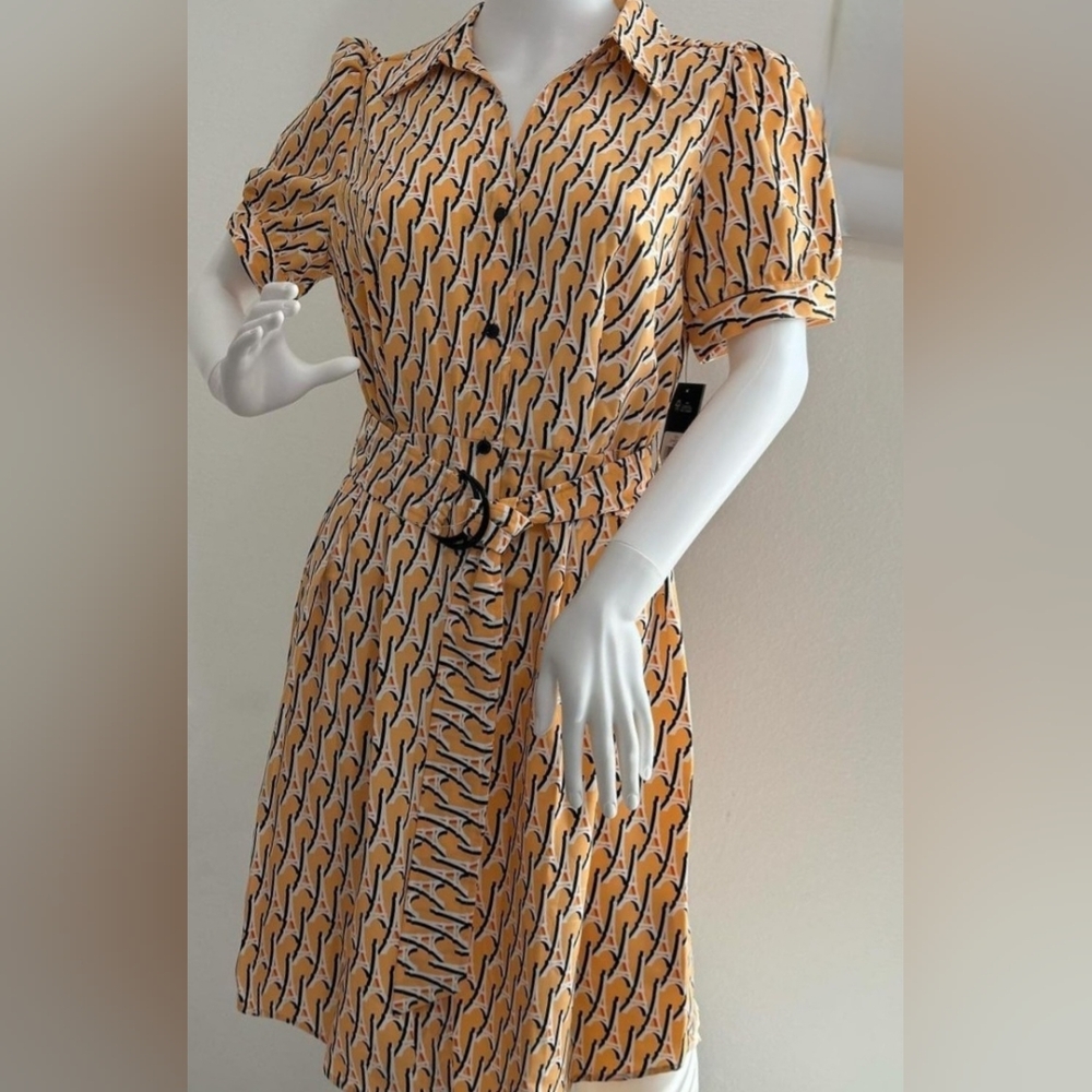 Karl Lagerfeld Eiffel Tower Midi Dress Belted Shirtdress Apricot yellow sz 8-10